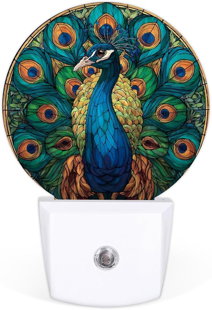 Round Night Lights Beautiful Animal Pecock LED Nightlight Plug in Dust to Dawn Auto On/Off Night Light for Bedroom Bathroom Hallway, 2 Pack
