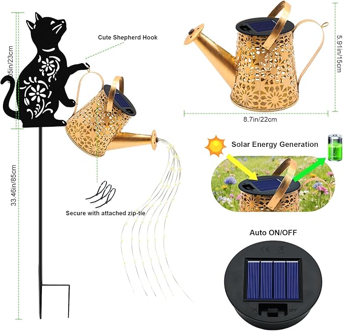 Solar Lights Outdoor, 2 Pack Black Cat Solar Watering Can Lights, Birthday Gifts for Women Mom Cat Lover Mother's Day Christmas, Waterproof Hanging Lantern Garden Decor Outside Patio Yard Pathway