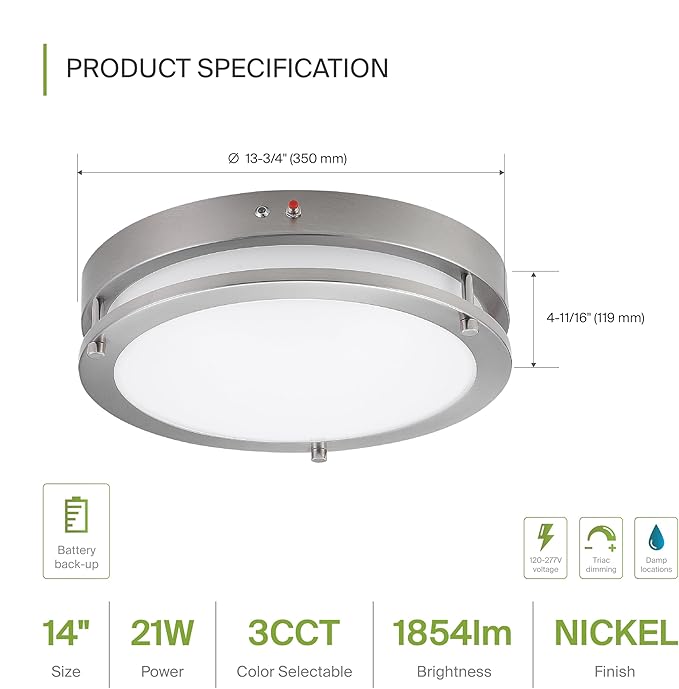 ASD LED 14" Round Flush Mount Lighting, Close to Ceiling Light Fixture | 3CCT, Dimmable, Battery Backup, ETL Listed | 21W 1860LM 3000-5000K 100-277V | Low Profile Double Ring Lamp | Nickel, 4 Pack