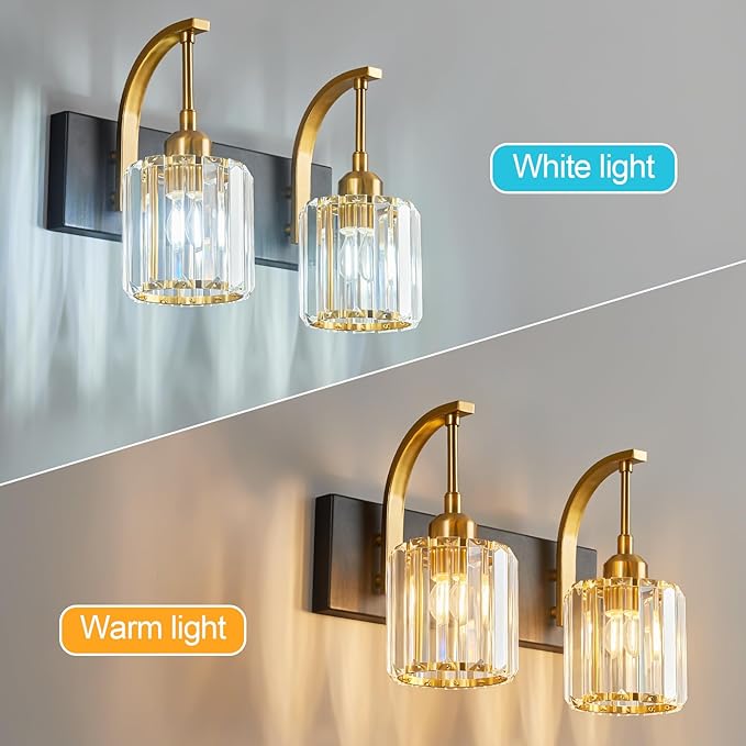 Bathroom Crystal Vanity Lights 2-Light Black Gold Wall Lamp Modern Crystal Bathroom Light Fixtures Over Mirror 13.77" Long Wall Sconce