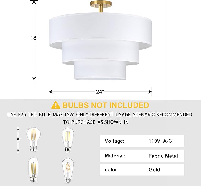 Doraimi Lighting 3 Tier White Linen Drum Fabric Semi Flush Mount Light Modern Farmhouse Decor 7 Light 24 Inch Retro Gold Finish for Kitchen Living Room Dining Room Corridor Hallway