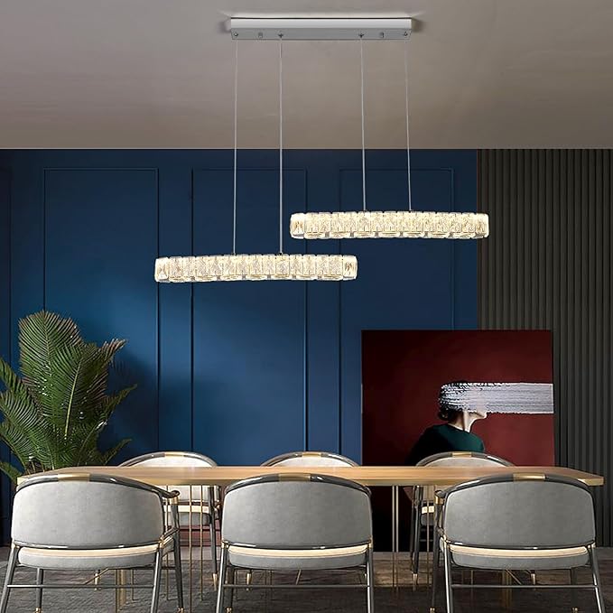 Pendant Light, Modern LED Crystal Chandelier Ceiling Light Fixture, Adjustable Height Hanging Light Pendant Lamp for Kitchen Island, Dining Room, Living Room, Bedroom