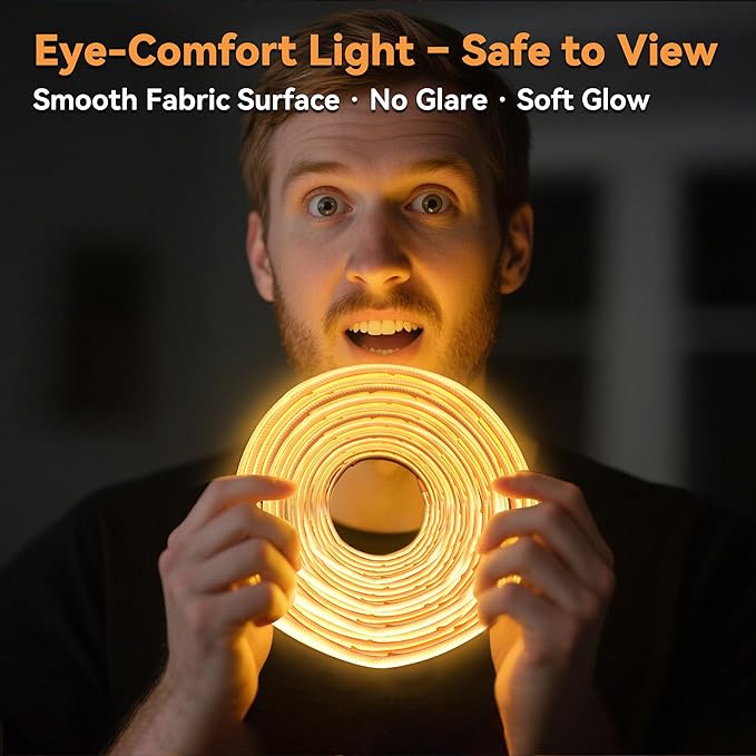 39.37in USB Fabric COB LED Strip, 3000K Warm White Soft Diffused Light, Anti-Glare Eye-Comfort, Flexible Cuttable Under Cabinet & Bedroom Accent Lighting