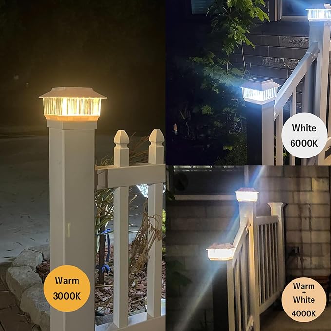 4-Pack White Solar Post Cap Lights, 50 Lumen 3-Color Selectable (3000K/4000K/6000K), Fits 4x4 Vinyl & 3.5x3.5 Wood Posts, Matte Finish Solar Lights Outdoor