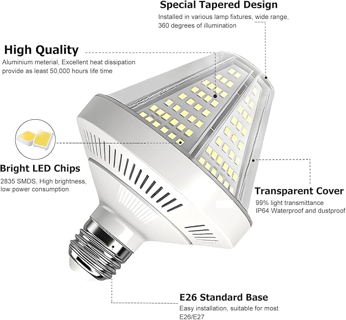 6000 Lumen LED Corn Cob Light Bulb, 40 watt, 400 watt Equivalent, 5000K Daylight Light, E26 E27 Base, Garage Light Bulb, 100-277v Energy Saving LED Lights for Indoor Outdoor 2 Pack