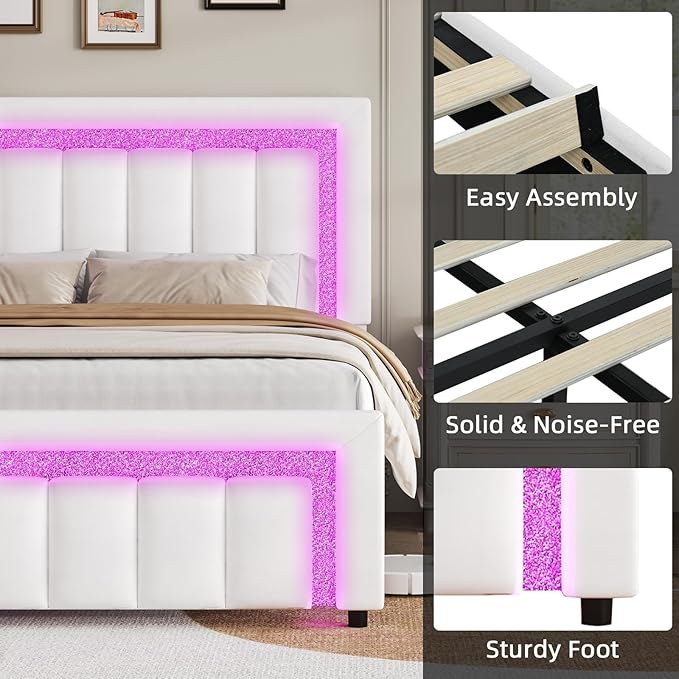 HOMBCK Queen Bed Frame with LED Lights and Velvet Upholstered Headboard, Bed Frame Queen Size with Modern Diamond Headboard Adjustable, Wooden Slats Support, Noise Free, No Box Spring Needed, White