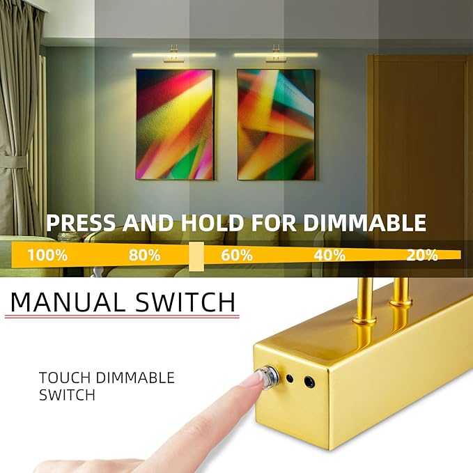 Picture Light,Picture Lights for Wall Cordless,20" Picture Lights with Timer and Dimmable,Battery Wall Lights for Display Gallery Painting Art Frame Portrait-Plated Gold 2Color