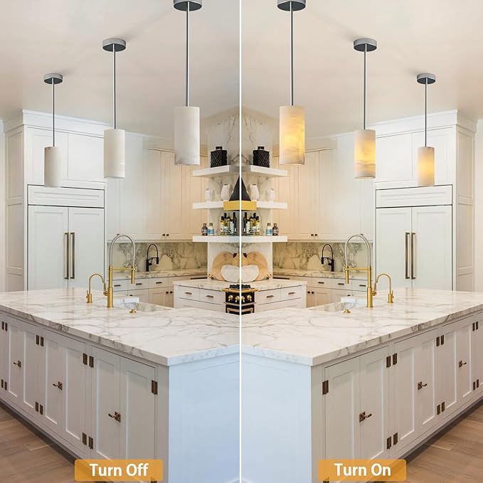 Alabaster Pendant Lights Kitchen Island, Nickel Hand Carved Alabaster Cylinder Pendent, Spanish Natural Marble Light Pendant for Bedroom Bathroom Dining Room Living Room- 2 PC