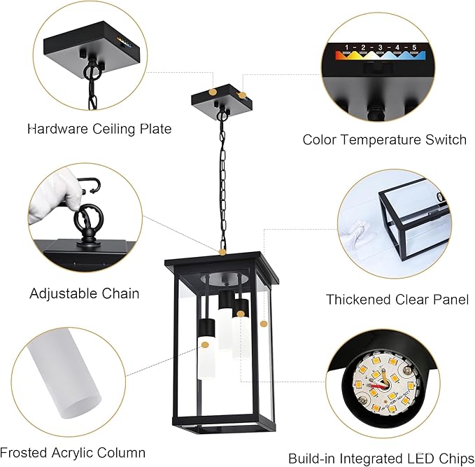 TODOLUZ Black Large 3-Light LED Outdoor Pendant Light with Frosted Coloum, Dimmable 5CCT Exterior Ceiling-Mount Porch Lighting for Foyer (3000K/3500K/4500K/5000K/6000K)