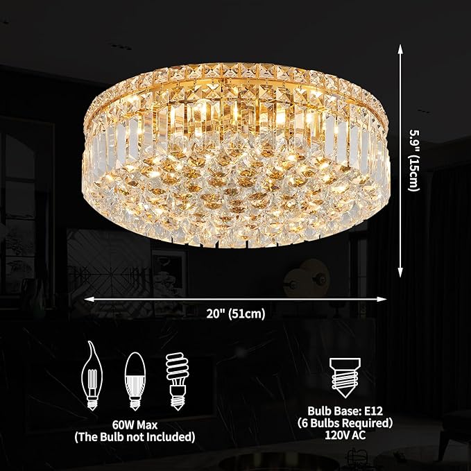 6-Lights Gold Crystal Flush Mount Chandelier Light Fixture K9 Crystals Modern Ceiling Lights Elegant Pendant Lamp for Bedroom,Hallway,Bar,Living Room,Dining Room,H5.9 xW20 (Bulbs Not Included)