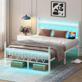 Full Size Bed Frame with Headboard,White Metal Platform Bed Frame Full Size with Charging Station & LED Lights,12-Inch Under Bed Storage,No Box Spring Needed,Noise Free,Easy to Assemble