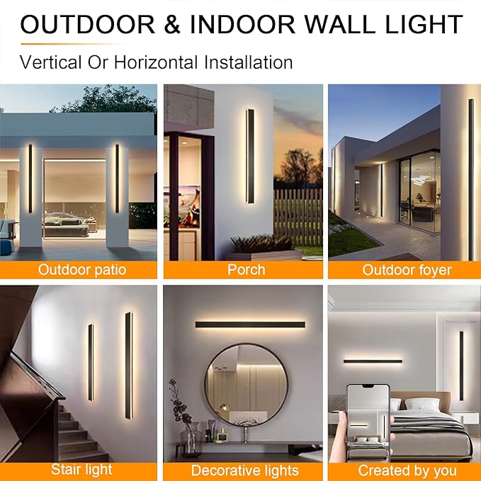 Modern Outdoor Wall Light for House,2pack 23.6inch Black LED Exterior Wall Sconces Lighting Fixtures, Outdoor Porch Light Fixture Dimmable Long Linear Wall Light Outside Lighting for Porch