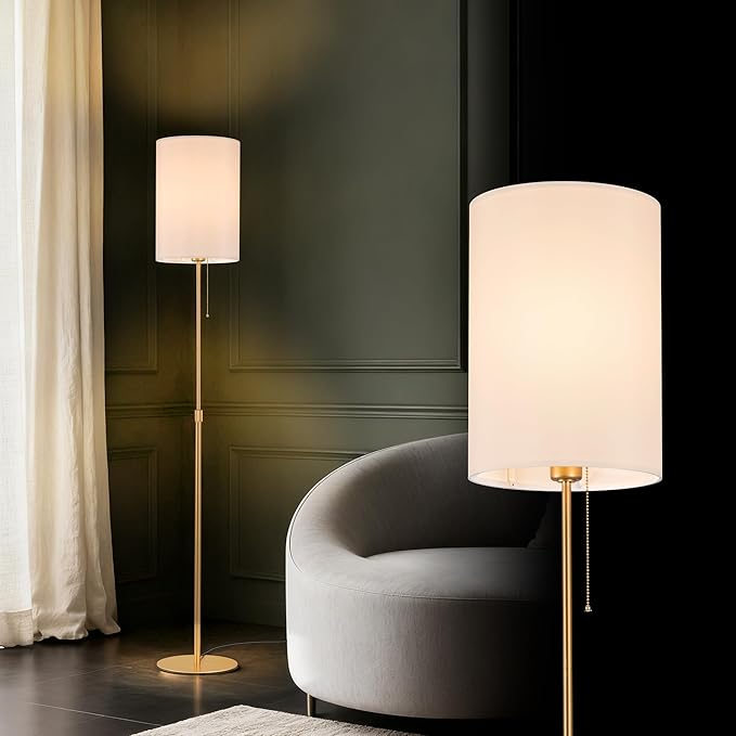Tubicen Gold Floor Lamp 61" Tall Lamp with Pull Chain Switch Fabric Shade Adjustable Height Dimmable Mid Century Modern Plug in Standing Floor Lamps for Living Room Bedroom Office E26 Base
