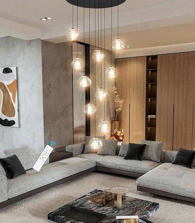 LED Chandeliers for Dining Room Adjust High Ceiling Chandelier Light Fixtures Entrance LED Dimmable Ceiling Pendant Drops Light Remote Lights for Living Room Stairwell 2700K 6000K