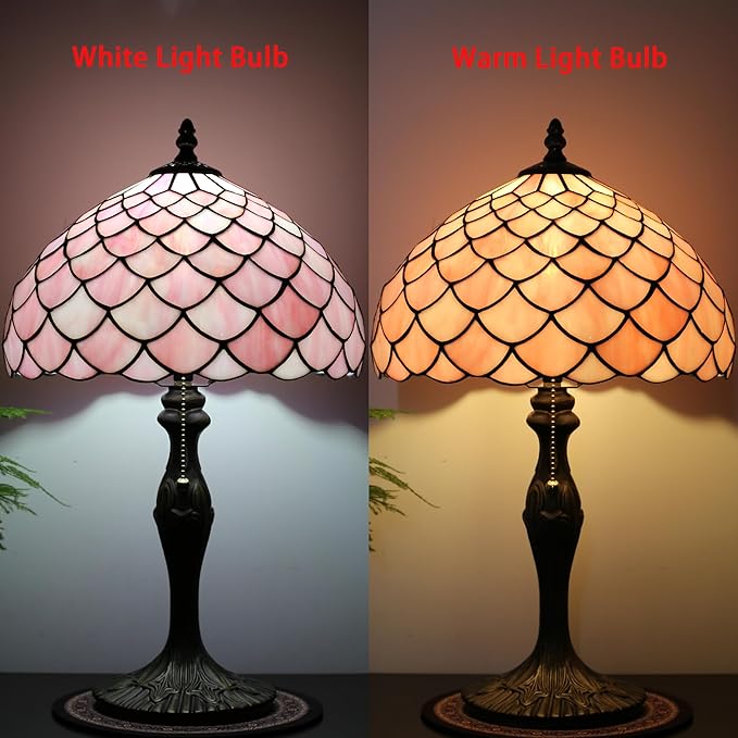 Tiffany Lamp Stained Glass Table Lamp 12” x 19” Pink Fish Scales Style Decorative Lamp Bedside Reading Lamp for Desk Living Room Bedroom Office Study Light Home Decor Gift