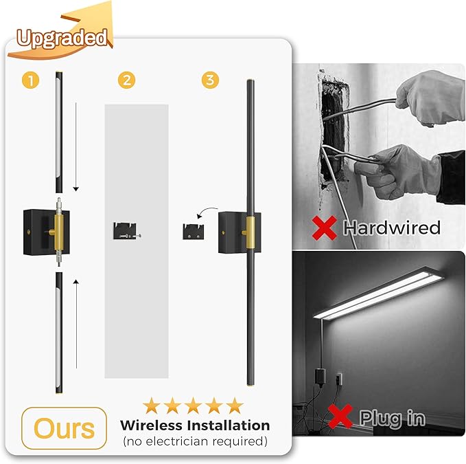 L LOHAS LED Battery Operated Wall Sconces Set of 2, Battery Wall Sconce 10000mAh, Gold and Black Rechargeable Sconces 3CCT + RGB, 28.7 Inch Wall Lights, Sconce Wall Decor for Bedroom, Living Room