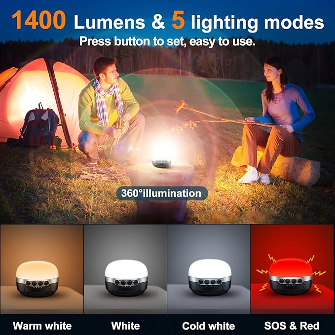 LED Camping Lantern Rechargeable 1400LM, Up to 420H Running Time Camping Tent RGB Light, 10400mAh Emergency Hanging Light for Hurricane, Power Outages, Home, Hiking