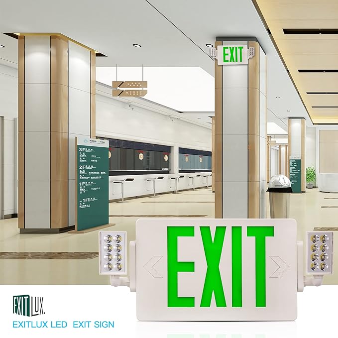 6 Pack Green Exit Signs with Emergency Lights, Two LED Adjustable Head Emergency Exit Light with Battery Backup,Hard Wired,UL Listed, AC 120/277V,Exit Sign Combo for Business