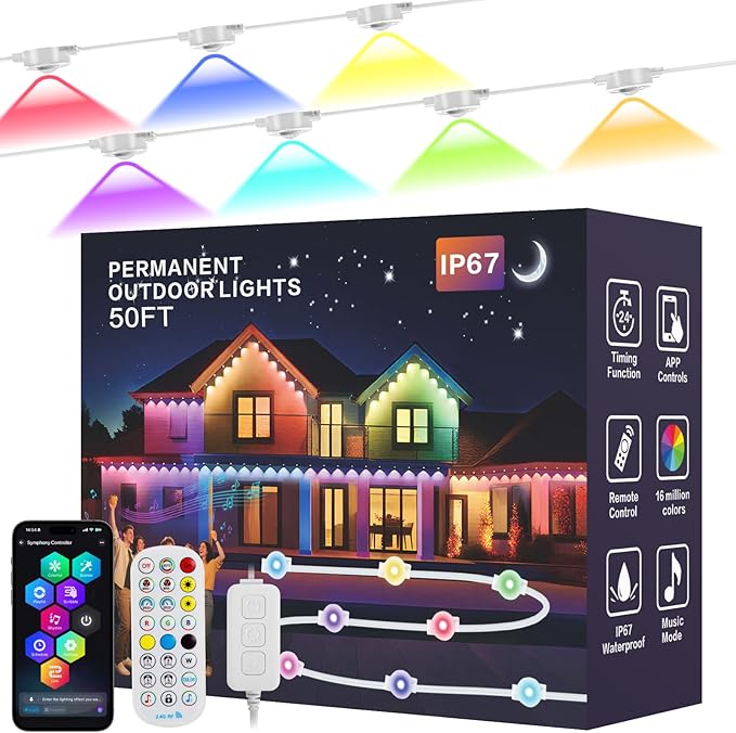 2026 Permanent Outdoor Lights, 50ft RGBIC Smart LED Lights, IP67 Waterproof, App/Box/Remote Control, Outdoor String Lights, DIY Lights for House Christmas Decor