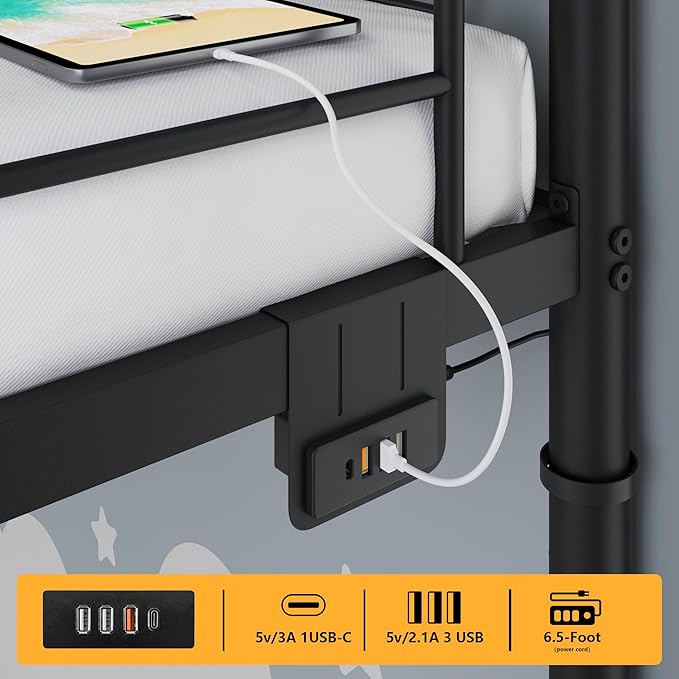 Twin Over Twin Metal Bunk Bed with LED Lights, USB Charging Station, 2 Drawers, Guard Rails & Ladder – No Box Spring Needed, Easy Assembly, Black