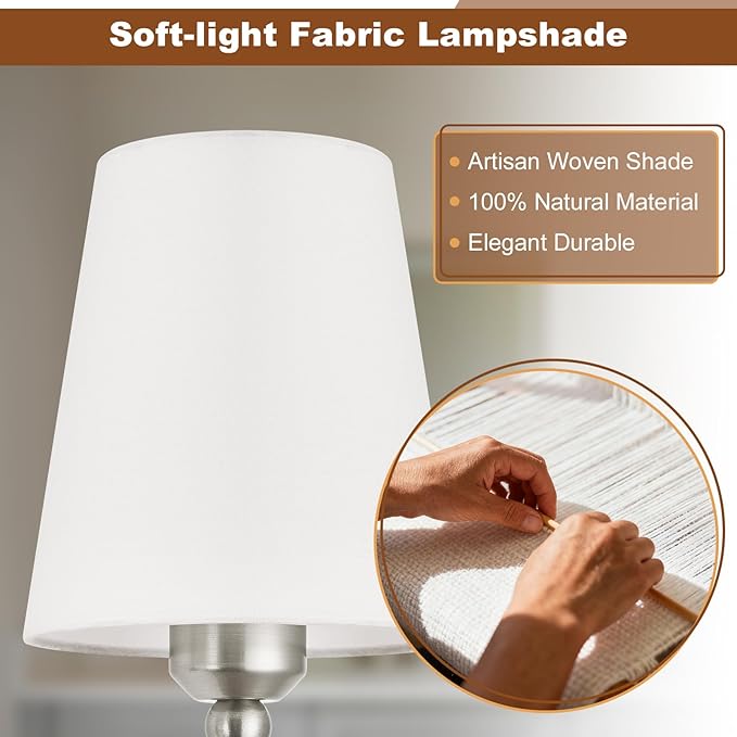 Brushed Nickel Bathroom Light Fixtures,3-Light Vanity Lights,Bathroom Lighting Fixtures Over Mirror with Flared White Fabric Shade,Modern Wall Sconce for Mirror Hallway Bedroom Living Room(ETL Listed)