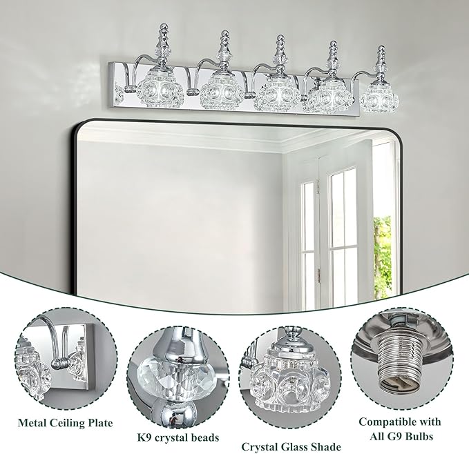 Modern Glass Crystal Vanity Light - Vintage Bathroom Lighting Fixtures Over Mirror, 5 Light Vanity Lights, G9 Bulb (35.43 Inch, Chrome)