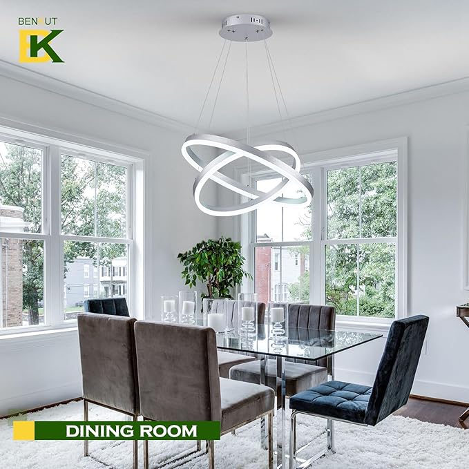 2-Rings Modern LED Chandelier Silver for Dining Room, Circular Flush Mount Ceiling Chandelier Light Dimmable Pendant Light with Remote Control for Living Room Entrance Foyer, 3000K-6500K