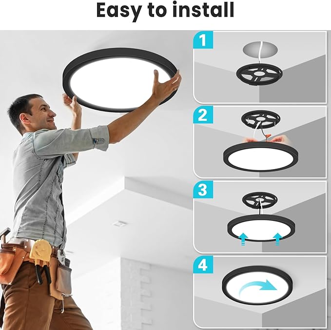 libtit 16Inch Flush Mount LED Ceiling Light Fixture, 3000K 4000K 6500K Adjustable, 36W 3600lm Black Satin Round Ceiling Lamp for Bathroom Shower Hallway Kitchen, 2 Pack