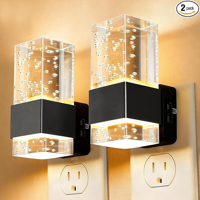 LED Night Light with Bubble Acrylic Design, Gold and Clear, Metal, Dimmable, Dusk to Dawn Sensor, 3 Color Temperatures, Modern Style, Plug-in for Bathroom, Bedroom, Hallway, 2-Pack (Black)