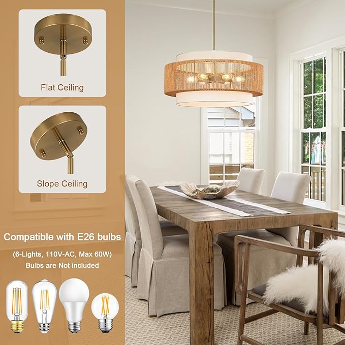 25.6" Rattan Chandelier, 6-Light Large Rattan Pendant Light with Fabric Lampshade, Farmhouse Boho Light Fixture Ceiling Hanging for Dining Room, Living Room, Bedroom, Kitchen Island, Hallway, Foyer