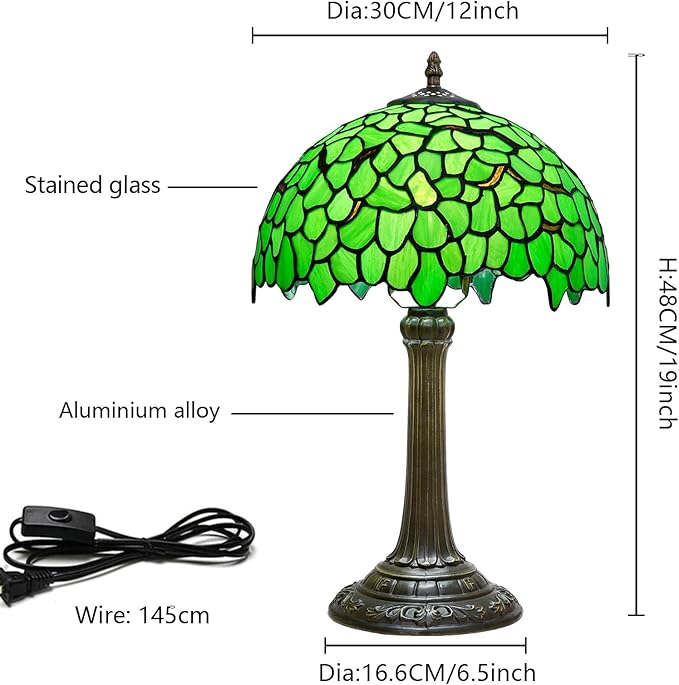 Tiffany Lamp - Green Leaf Stained Glass Table Lamp 12x12x18 Inches - Green Leaf Style Desk Reading Light - Bedroom & Living Room Decor