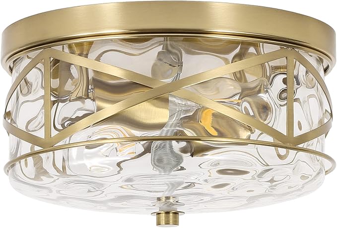 LamQee 9.8" Small Flush Mount Ceiling Light with Clear Hammered Glass, Brushed Gold Hallway Light Fixtures Ceiling Mount for Bathroom, 2-Lights Farmhouse Close to Ceiling Light Kitchen Foyer Bedroom