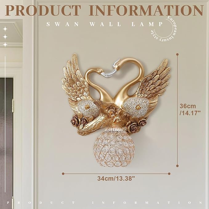 Vintage Double Swan Wall Lamp, Resin Animal Art Deco Gold Wall Sconce with Crystal Beaded Lampshade, Creative Heart Shaped Luxury Wall Light Fixture for Bedroom Living Room Bathroom Hallway