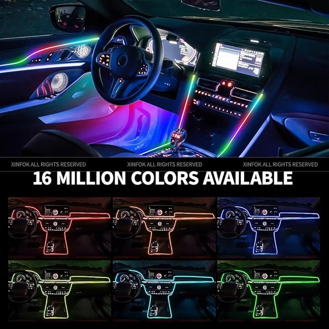 Ambient Lighting Car Led Lights Interior with APP, USB Powered Acrylic Neon Flexible Strip Fiber Optic LED Ambient Lighting kit,4 in 1 RGB Sound Active Music Lights Sync Car Decorations