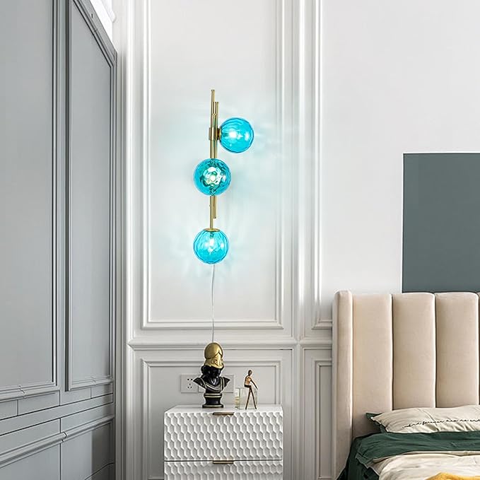Modern Plug in Wall Sconce with Blue Hammered Glass Shade Gold Wall Light Fixtures for Bedroom Living Room Hallway