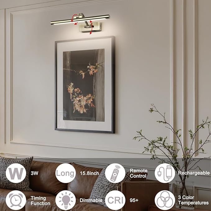 Antique Bronze LED Wireless Picture Lights for Wall Rechargeable, Battery Operated Art Light for Paintings, 3CCT Dimmable, 15.7 inch with Remote, Rotatable Gallery Light for Pictures Display