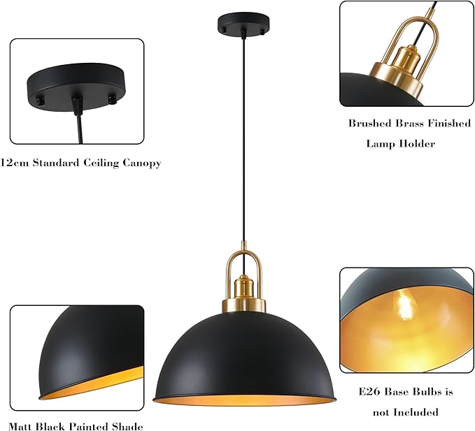 Industrial Black Large Pendant Light 15.74" Matte Finish Metal Light Fixture Farmhouse Hanging Light for Kitchen Island Dining Room Hallway