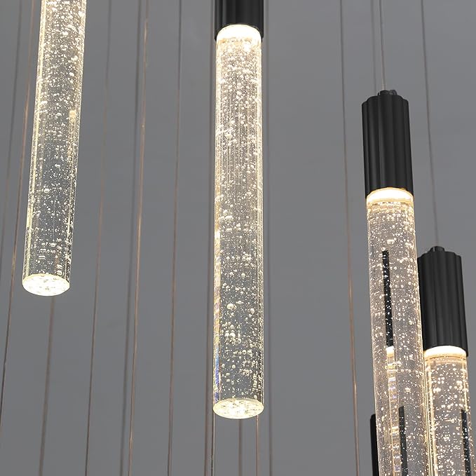 Modern 4-Light Crystal Pendant Chandelier – Rectangular Black LED Ceiling Light with Cylindrical Crystals for Staircase, Foyer, Living Room, Hallway, Bedroom
