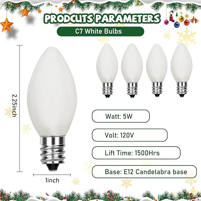 C7 White Replacement Light Bulbs, Christmas Ceramic White Night Light for Window Candles & Chandeliers Replacement Bulb, E12 Candelabra Base Incandescent Light Bulbs, 25 Pack-5 Watt