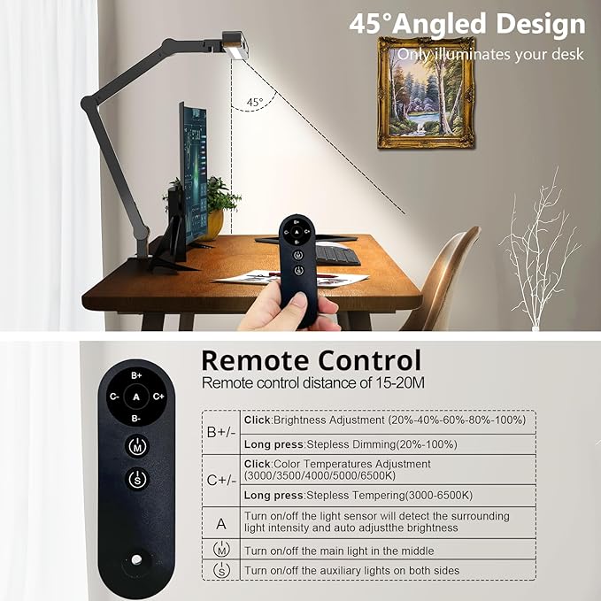 Micomlan Desk Lamp with Clamp, Architect Led Desk Lamp for Home Office with Remote Control, 24W Ultra Bright Auto Dimming Computer Light Adjustable Table Light for Working Workbench (Remote)