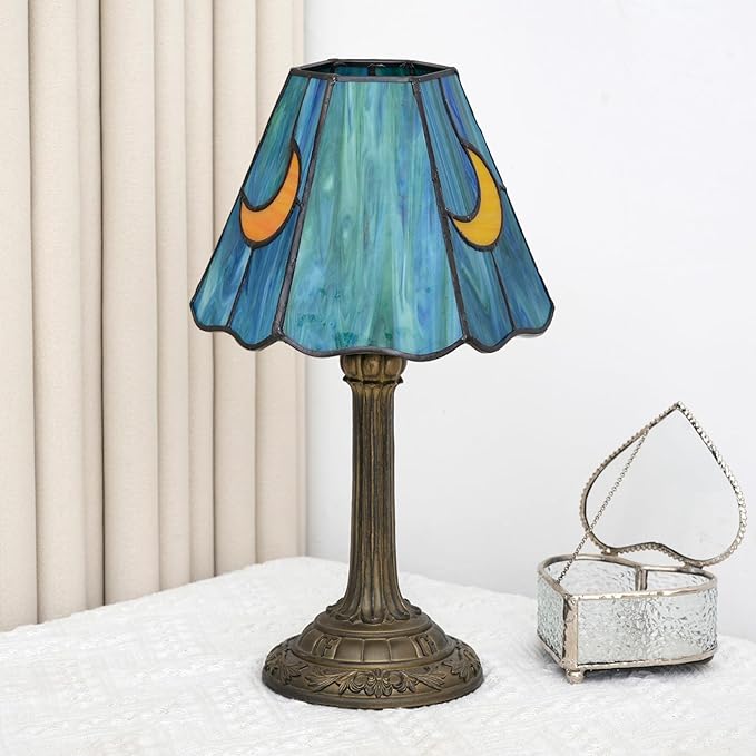 Tiffany Lamp - Sea Blue Moon Stained Glass Table Lamp 7x7x13 Inches - Sea Blue Moon Style Desk Reading Bedside Light - Bedroom & Living Room Decor