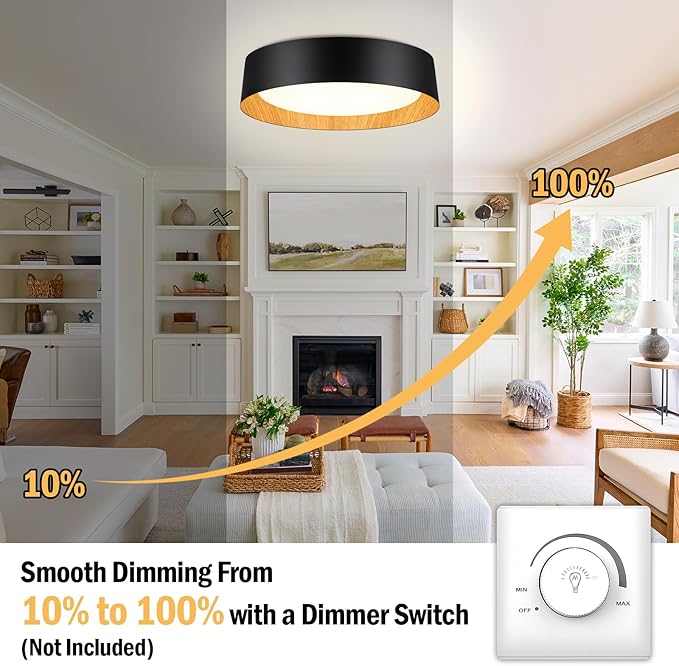 BrightHome 16in Flush Mount Ceiling Light, 3000LM 30W(300W Equiv), LED Ceiling Light Fixture 5CCT 2700K 3000K 4000K 5000K 6000K, Dimmable Ceiling Lamp for Bedroom Bathroom Hallway, Black and Wood