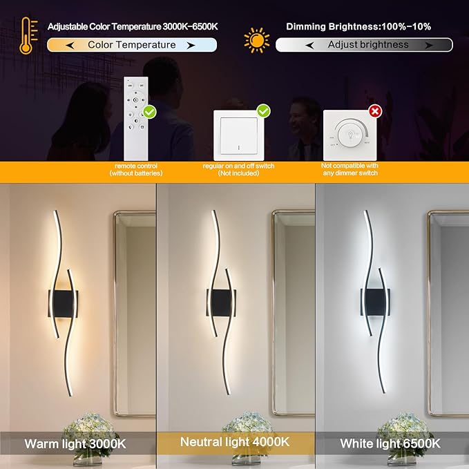 Modern Wall Lights 47.2inch, Dimmable Wall Sconce with Remote Control, Hardwired Black Wall Scones Lighting LED Wall Lamp for Living Room Bathroom Hallway Hotel Bedroom Stairs