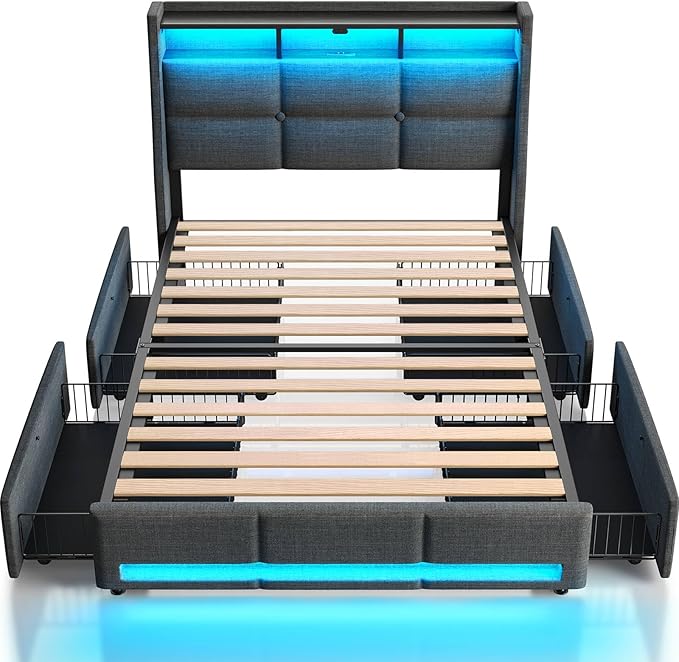 Rolanstar Twin Size Bed Frame with LED Lights and Charging Station, Upholstered Bed Storage Headboard & Drawers, Heavy Duty Wood Slats, Easy Assembly