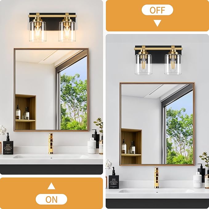 2 Light Modern Bathroom Light Fixtures Over Mirror, Black Gold Vanity Lights for Bathroom Wall Sconces with Clear Glass Shades, E26 Socket (Bulbs Not Included)