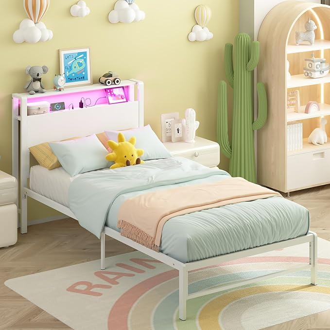 Weehom Twin Bed Frames with 2 Tiers Wood Storage Shelves Headboard, Twin Size Bed with Charger Stations and LED Light Under Bed Storage Space Platform Bed for Kids, Girls and Adults, White
