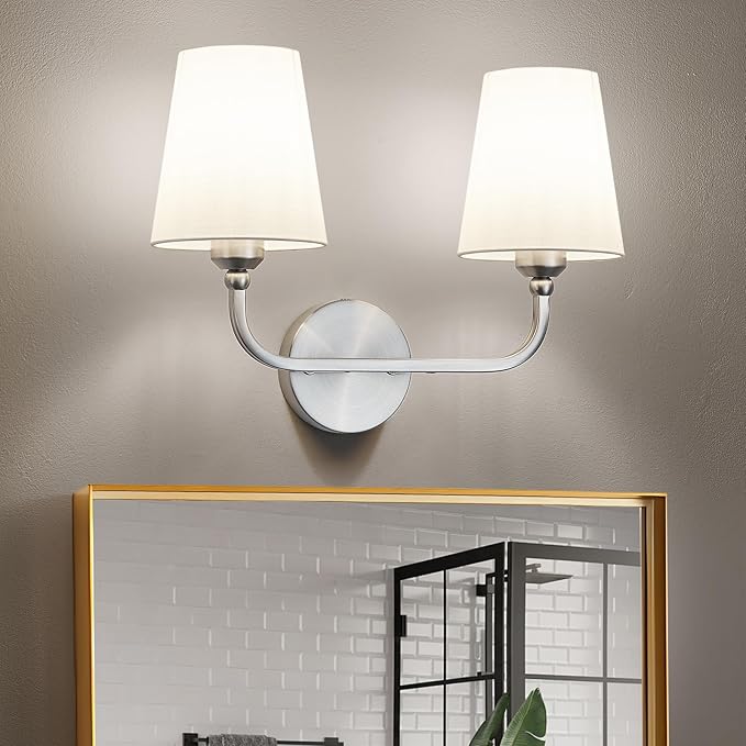 Brushed Nickel Bathroom Light Fixtures,2-Light Vanity Lights,Bathroom Lighting Fixtures Over Mirror with Flared White Fabric Shade,Modern Wall Sconce for Mirror Hallway Bedroom Living Room(ETL Listed)