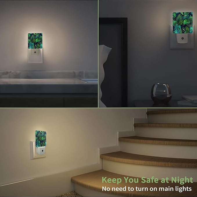 Green Palm Leaf Night Light, Tropical Plants Night Light Plug into Wall with Dusk to Dawn Sensor, LED Lamp Energy Saving Lights for Men Women Boys Girls,Lamp for Bedroom Bathroom Hallway