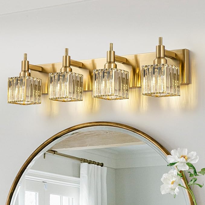 Gold Bathroom Light Fixtures, 4-Lights Crystal Bathroom Vanity Light Over Mirror Modern Gold Crystal Wall Light