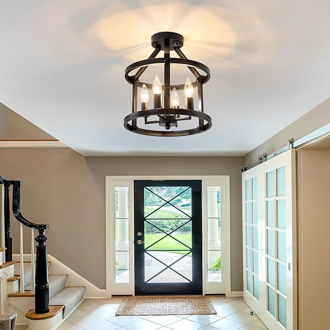 UOFUS Indoor Motion Sensor Ceiling Light Fixture Black Semi Flush Mount Chandelier Overhead Light Fixture for Entryway Hallway Porch Stairwell Garage